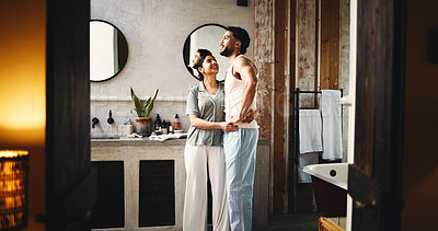 Buy stock photo Couple, hug and self care in bathroom for night, grooming routine and caring relationship in home. Connection, love and people for support in apartment with evening, hygiene or getting ready for bed