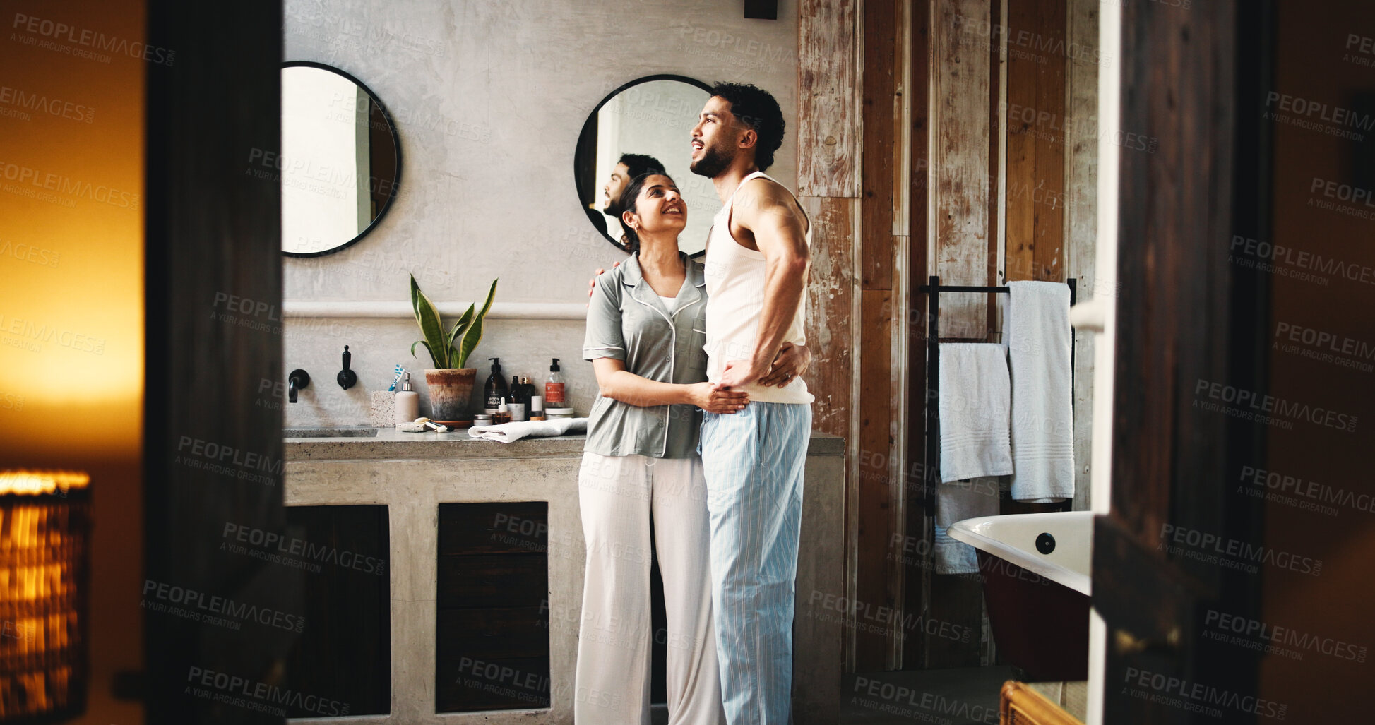 Buy stock photo Couple, hug and self care in bathroom for night, grooming routine and caring relationship in home. Connection, love and people for support in apartment with evening, hygiene or getting ready for bed