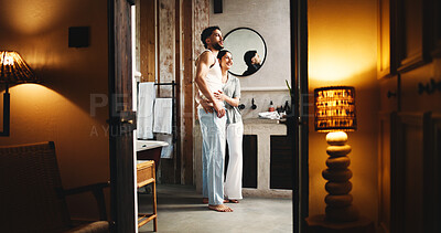 Buy stock photo Couple, smile or self care in bathroom for night, grooming routine and caring relationship in home. Connection, love and people for support in apartment with evening, hygiene or getting ready for bed