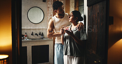 Buy stock photo Worry, pregnancy test and support with couple in bathroom for negative result, fertility stick fail and sad. Disappointing, infertility and ovulation with man and woman in home for maternity check