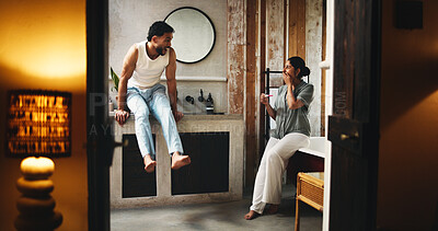 Buy stock photo Excited, pregnancy test and success with couple in bathroom together for family planning or fertility. Pregnant, result and surprise with happy people in apartment for love, parenthood or support