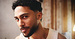 Skincare, portrait or man in house with check, natural and smooth skin in cosmetic benefits. Dermatology, confidence and male person in bathroom with inspection, shine and glow in body care.