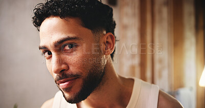 Buy stock photo Skincare, portrait or man in house with check, natural and smooth skin in cosmetic benefits. Dermatology, confidence and male person in bathroom with inspection, shine and glow in body care.