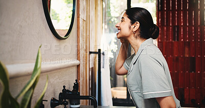 Buy stock photo Happy woman, mirror or brushing teeth with toothbrush in bathroom for dental hygiene in home. Female person, cleaning or grooming with smile or morning routine for fresh breath, oral or gum care
