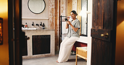 Buy stock photo Brushing teeth, bathroom or woman with phone for morning grooming, multitask or entertainment app. Distraction, check email or person with cleaning routine in home, mobile or timer for dental hygiene