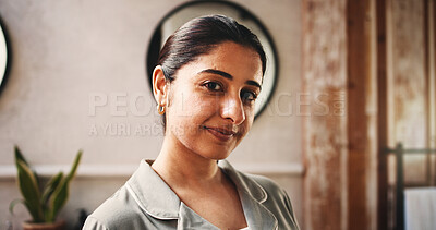 Buy stock photo Smile, skincare and portrait of woman in bathroom of house for beauty, morning routine and cleaning. Happy, self care grooming and hydration with person in home for glow, dermatology and shine