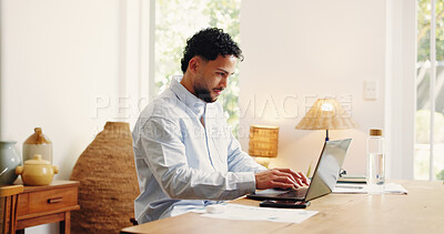 Buy stock photo Laptop, remote work and typing with business man in home office for feedback, research or review. Computer, planning and reading with freelance employee at desk in apartment for startup proposal