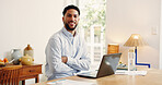 Arms crossed, laptop and portrait of business man in home office for online planning or research. Computer, remote work and smile of happy freelance employee at desk in apartment for startup career