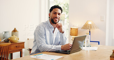 Buy stock photo Laptop, portrait and smile of  business man in home office for online planning or research. Computer, development and remote work with happy freelancer at desk in apartment for startup administration