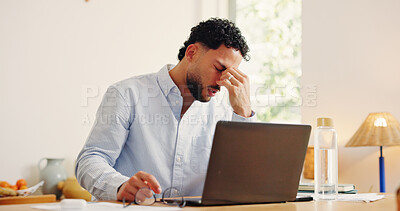 Buy stock photo Frustrated man, laptop or headache with stress in home for project deadline or overworked. Businessman, remote work or migraine with computer or fail for business pressure, strain or mistake in house