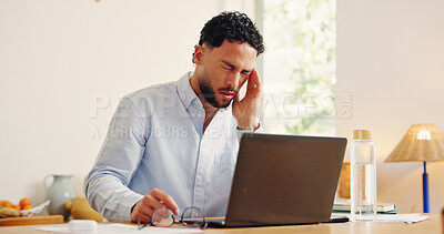 Buy stock photo Tired man, laptop or headache with stress in home for project deadline or overworked. Frustrated businessman, remote work or migraine with computer or fail for business pressure, strain or mistake