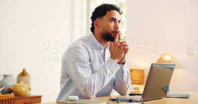 Buy stock photo Laptop, planning and thinking with business man in home office for problem solving or research. Computer, remote work and vision with freelance employee at desk in apartment for startup ideas