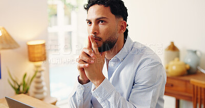 Buy stock photo Thinking, serious or man in house with plan, choice or problem solving for startup growth. Reflection, decision or entrepreneur in home with idea, contemplation or solution for small business.