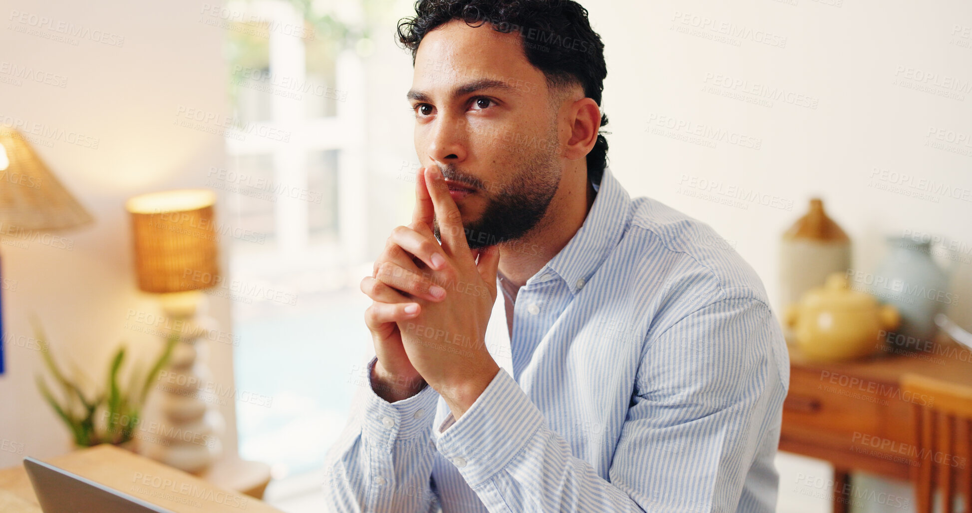 Buy stock photo Thinking, serious or man in house with plan, choice or problem solving for startup growth. Reflection, decision or entrepreneur in home with idea, contemplation or solution for small business.