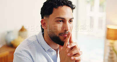 Buy stock photo Thinking, determination or man in house with plan, choice or problem solving for startup growth. Reflection, decision or entrepreneur in home with idea, contemplation or solution for small business.