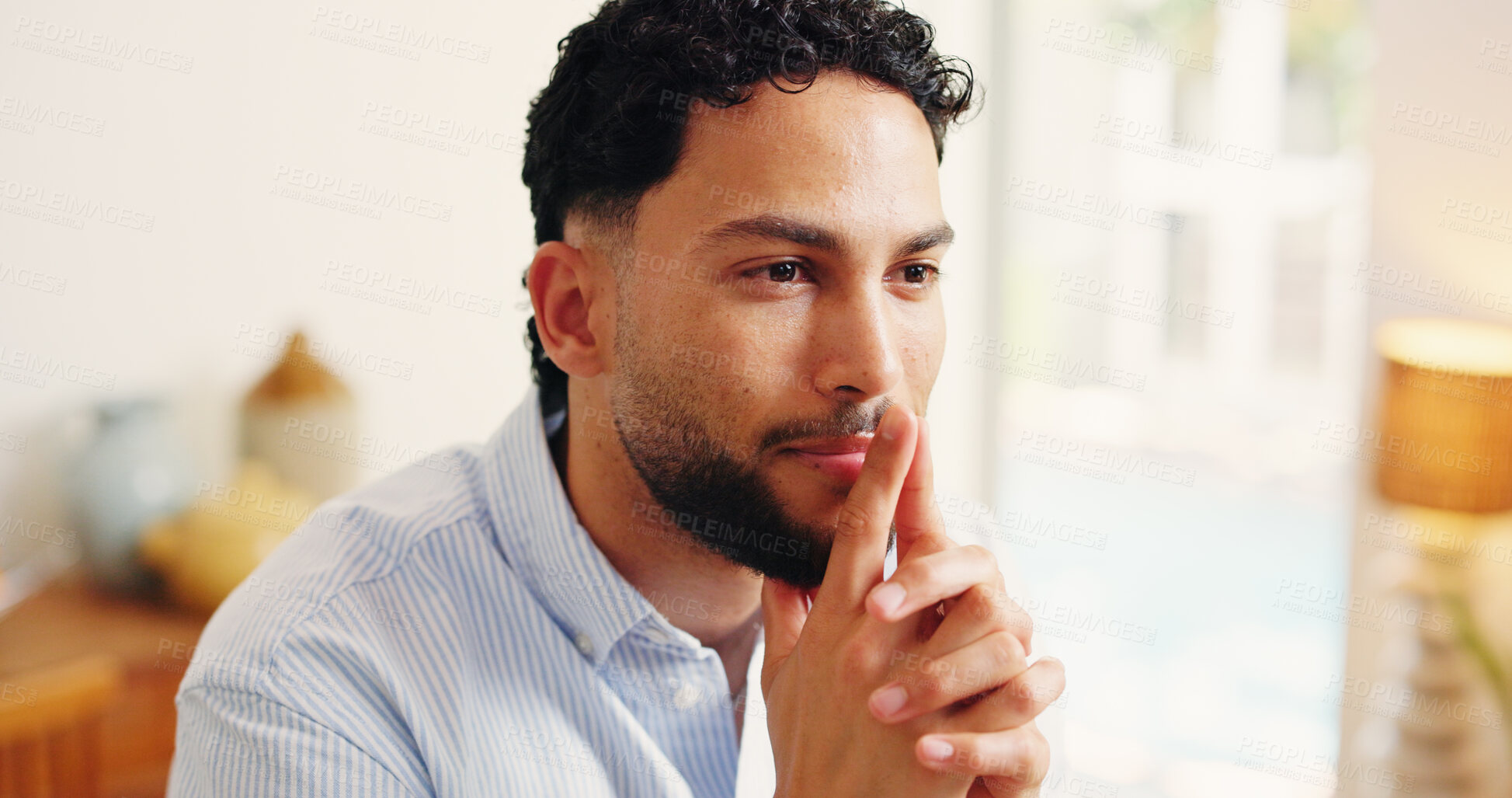 Buy stock photo Thinking, determination or man in house with plan, choice or problem solving for startup growth. Reflection, decision or entrepreneur in home with idea, contemplation or solution for small business.