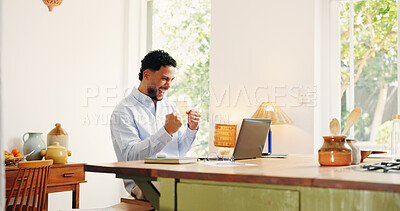 Buy stock photo Happy man, remote work and laptop with good news in home for winning, promotion or prize. Excited, male person or freelancer with smile, fist pump or computer in kitchen for business success in house