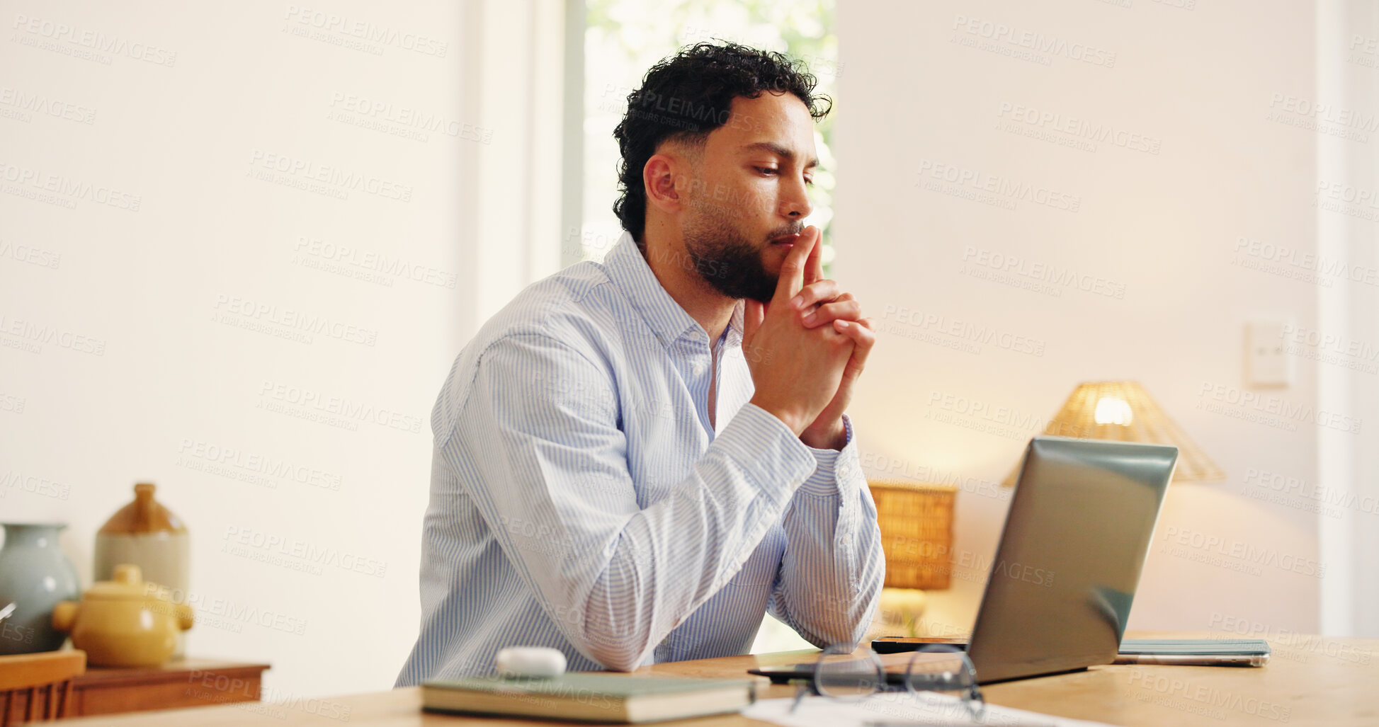 Buy stock photo Laptop, reading and thinking with business man in home office for problem solving or research. Computer, planning and remote work with freelance employee at desk in apartment for startup ideas