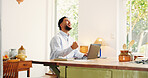 Excited man, remote work and laptop with good news in home for winning, promotion or prize. Happy, male person or freelancer with smile, fist pump or computer for business success or bonus in house