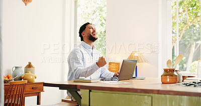 Buy stock photo Excited man, remote work and laptop with good news in home for winning, promotion or prize. Happy, male person or freelancer with smile, fist pump or computer for business success or bonus in house