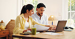 Home, finance and couple with laptop, conversation and online reading with savings. Apartment, discussion and man with woman, paperwork and pc for retirement funding, mortgage and investment plan