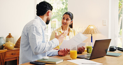 Buy stock photo Couple, laptop or documents with finance in home for budget planning, expenses or bills together. Man, woman or accounting with paperwork, invoice or computer for financial audit or mortgage in house