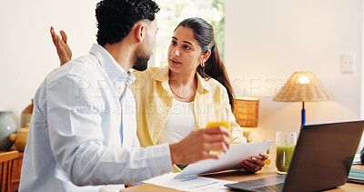 Buy stock photo Documents, conversation and couple in home with laptop for online payment of bills, debt or mortgage. Discussion, financial paperwork and man with woman on computer for internet banking for purchase.