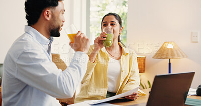 Buy stock photo Finance, documents and couple with drinks in home for budget planning, online banking and break. Love, happy people and laptop with juice in apartment for household bills, asset management or support