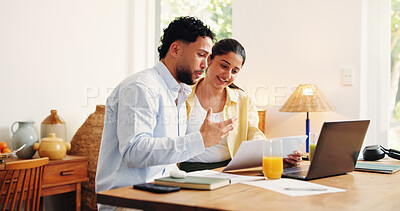 Buy stock photo Home, finance and happy couple with laptop, discussion and online reading with savings. Smile, insurance and man with woman, paperwork and pc with mortgage, check expenses and investment plan