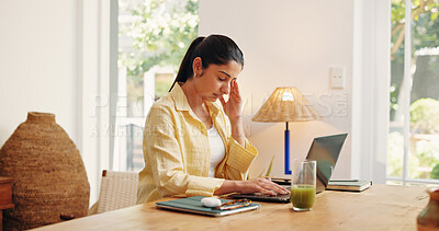 Buy stock photo Frustrated woman, laptop or headache with stress in home for project deadline or overworked. Tired, female person or remote work with migraine on computer for business pressure, strain or mistake