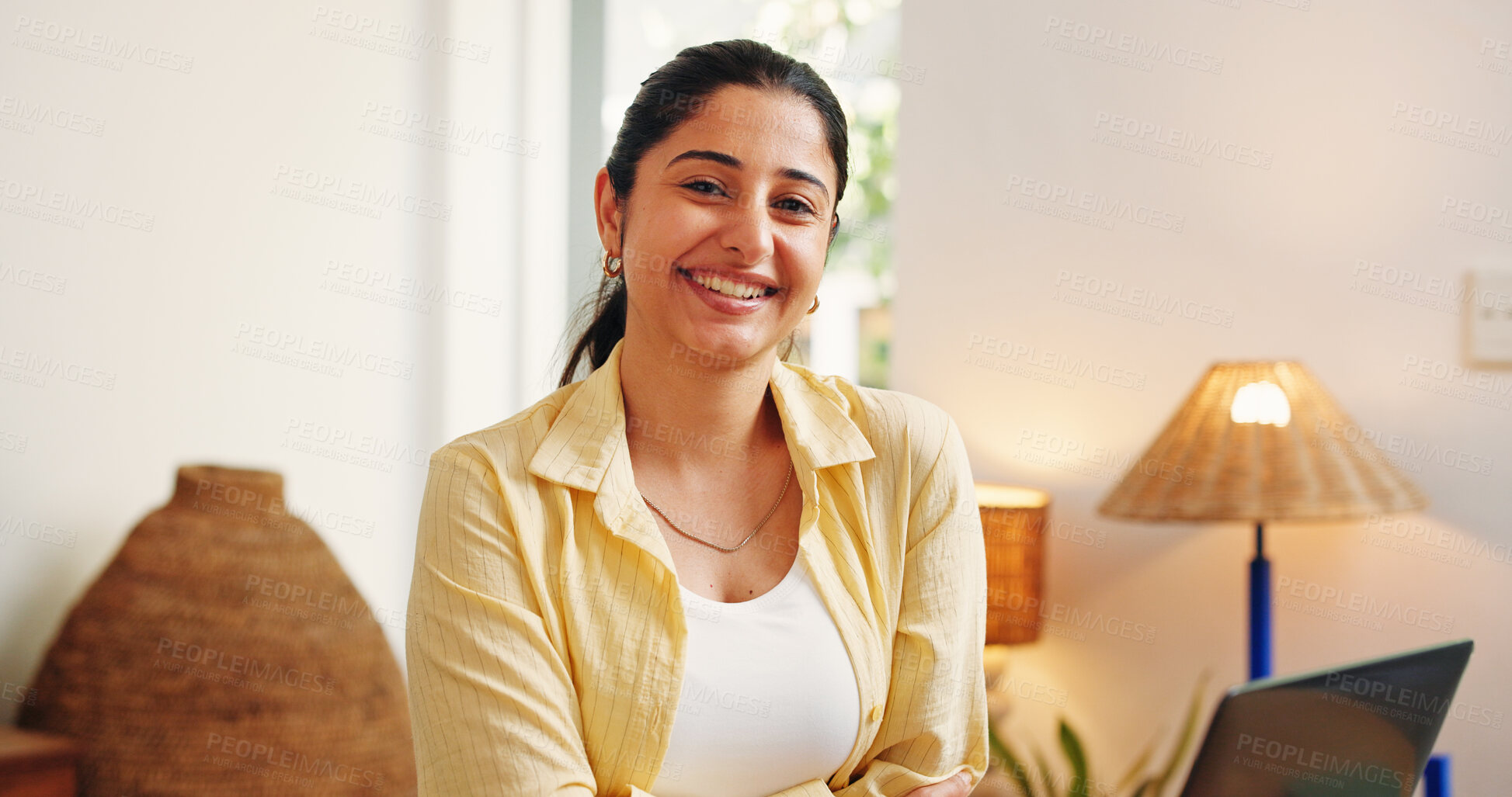 Buy stock photo Remote work from home, portrait and happy woman in lounge, confidence and break. Daily activity, person or freelancer with pride, laptop or copywriting with creative project or author with manuscript