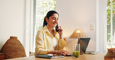 Buy stock photo Remote work, woman and laptop with phone call in home for witness info, story follow up or feedback. Freelancer, journalist and contact source for breaking news, publication planning and networking