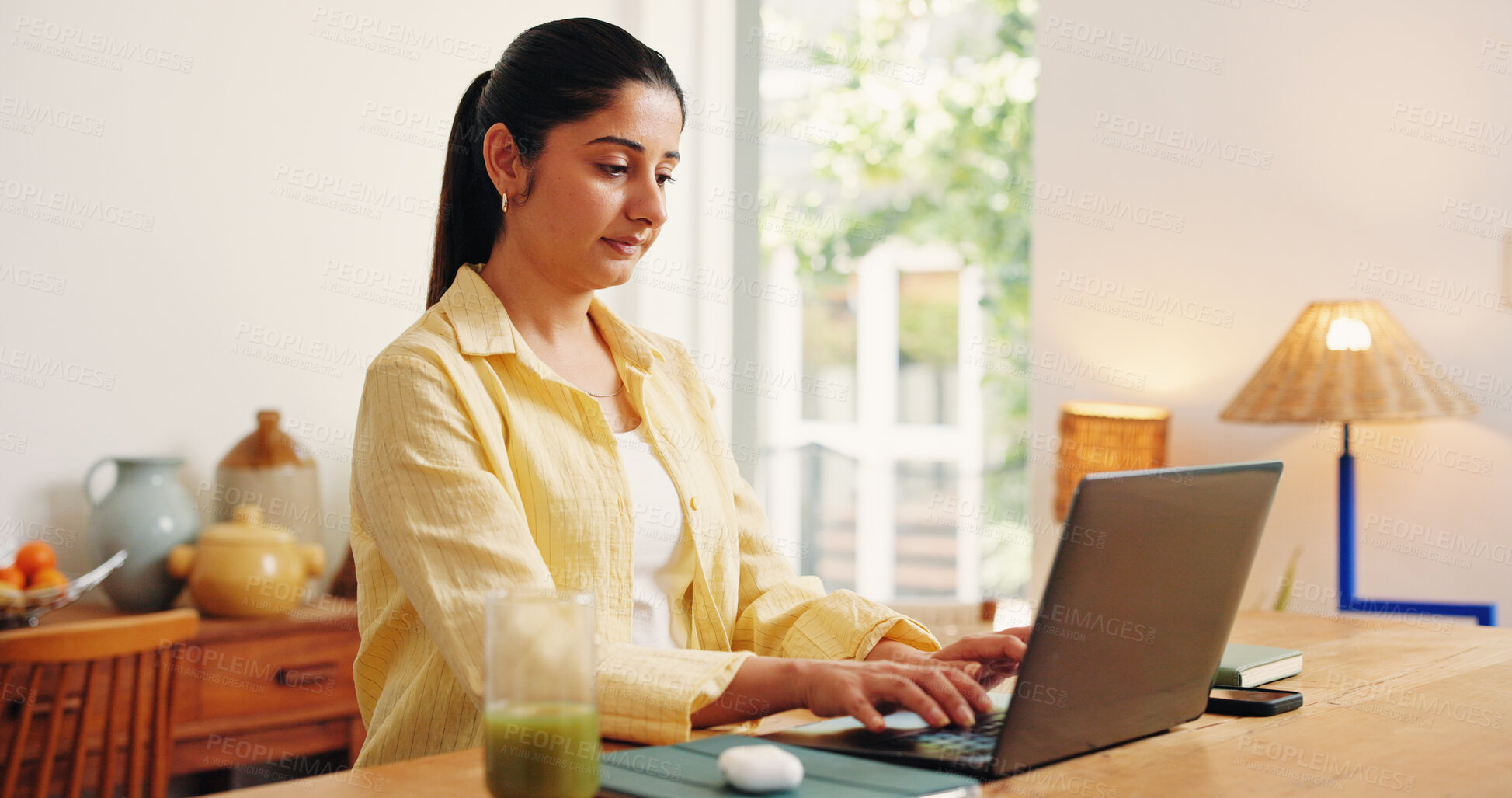 Buy stock photo Laptop, remote work and businesswoman in home with typing for research on creative project online. Technology, freelancer and female magazine editor with blog article for publishing in apartment.