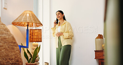 Buy stock photo Remote work, woman and happy with phone call in home for editor feedback, story follow up or chat. Smile, freelance journalist and contact for interview schedule, release date planning and discussion