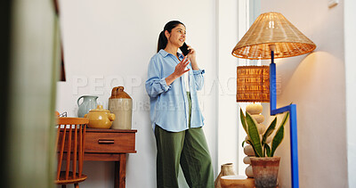 Buy stock photo Remote work, woman and chat with phone call in home for story investigation, article info or feedback. Freelancer, journalist and contact source for breaking news, publication planning and networking