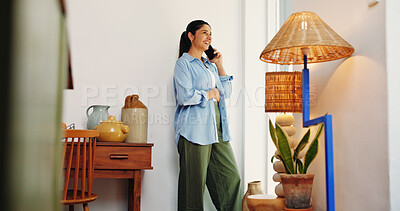 Buy stock photo Remote work, woman and phone call with listening in home for witness info, story update or feedback. Freelancer, journalist and contact source for news investigation, schedule interview or discussion