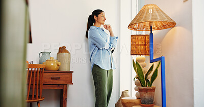 Buy stock photo Thinking, smile or Indian woman in house with plan, choice or problem solving for startup growth. Reflection, decision or entrepreneur in home with idea, contemplation or solution for small business.