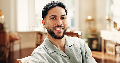 Buy stock photo Portrait, relax and smile with man in apartment for comfort, rest and wellness in living room. Chill, pride and happy person in home with positive attitude, peace and calm on weekend in Mexico