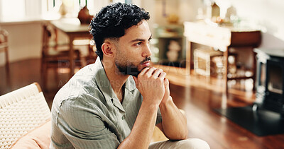 Buy stock photo Home, thinking and man on sofa, ideas and contemplation with decision, calm and thoughtful. Apartment, problem solving and person on couch, choice and planning for daily activity, solution and memory