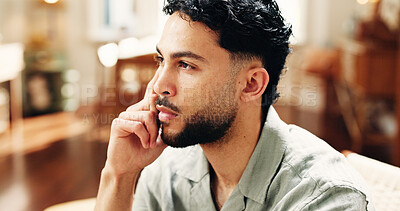 Buy stock photo Home, thinking and man on sofa, remember and solution with decision, calm and thoughtful. Reflection, problem solving and person on couch, choice and planning for daily activity, options and memory