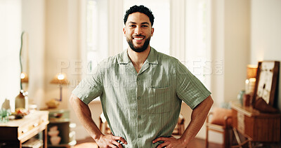 Buy stock photo Portrait, confidence and smile with man in house for weekend, break and wellness in apartment. Home, pride and happy male person in living room with positive attitude, peace and calm in Brazil
