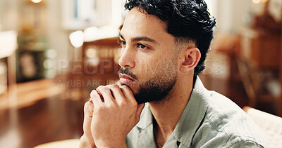 Buy stock photo Home, thinking and man on sofa, decision and contemplation with solution, calm and thoughtful. Memory, problem solving and person with reflection, choice and planning for daily activity and ideas