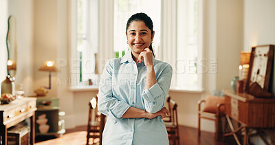 Buy stock photo Portrait, confidence and happy woman in house with pride for weekend, break and wellness. Home, apartment and smile with female person in living room with positive attitude, peace and calm in Brazil