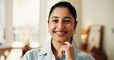 Buy stock photo Portrait, relax and smile with woman in living room for weekend, break or wellness in apartment. Chill, pride and happy person in home with positive attitude, peace and calm with confidence in Mexico