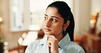 Home, thinking and woman in lounge, ideas and contemplation with decision, break and choice. Calm, problem solving and person on couch, reflection and planning for daily activity, solution and memory