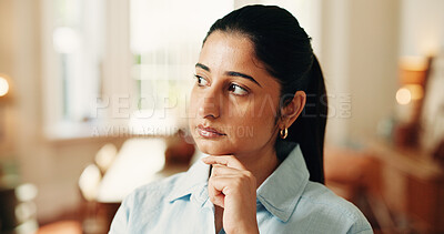 Buy stock photo Home, thinking and woman in lounge, ideas and contemplation with decision, break and choice. Calm, problem solving and person on couch, reflection and planning for daily activity, solution and memory