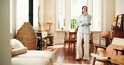 Buy stock photo Thinking, smile and planning with woman in house for interior designer, reflection and vision. Decorating inspiration, home improvement and perspective with person in living room of apartment