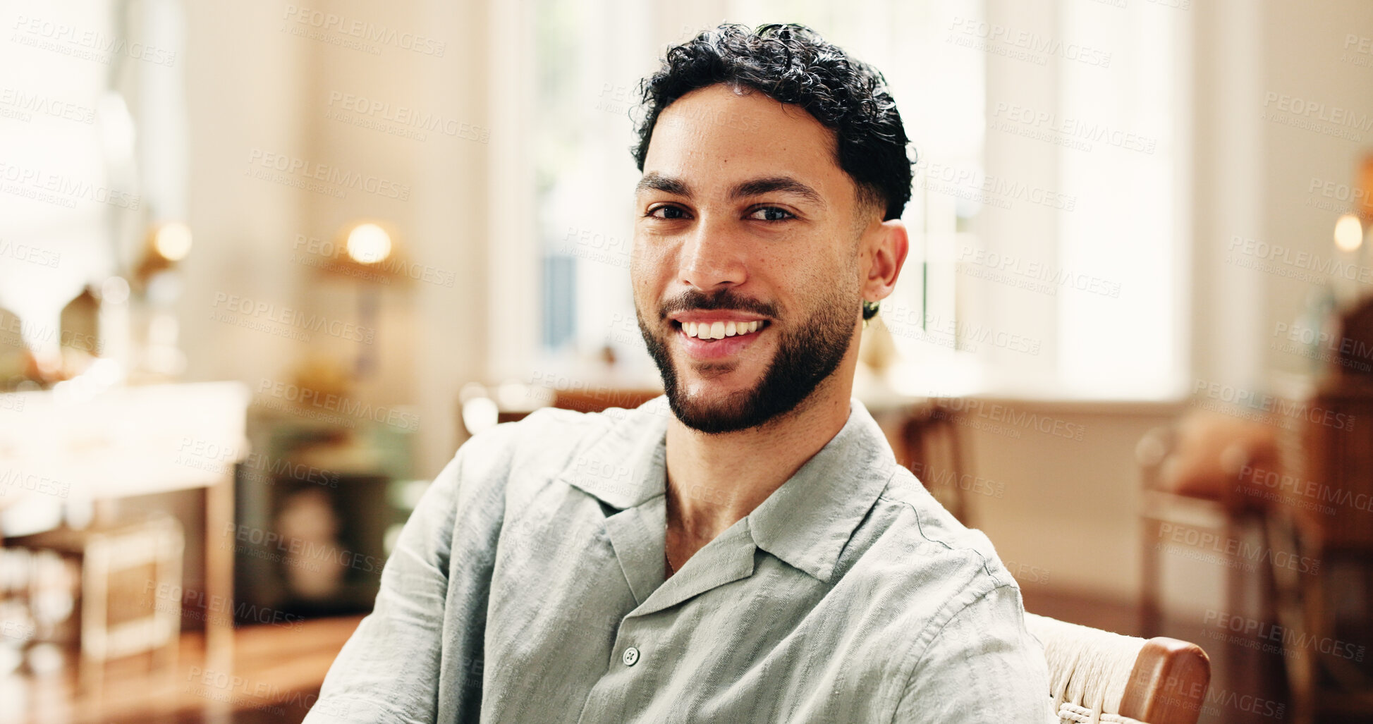 Buy stock photo Portrait, relax and smile with man in home for comfort, rest and wellness in apartment. Chill, pride and happy person in living room with positive attitude, peace and calm with confidence in Mexico