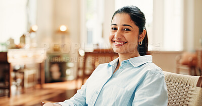 Buy stock photo Portrait, relax and smile with woman in home for weekend, break or wellness in apartment. Chill, pride and happy person in living with positive attitude, peace and calm with confidence in India