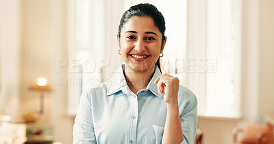 Buy stock photo Portrait, confidence and smile with woman in home for weekend, break and wellness in apartment. House, pride and happy female person in living room with positive attitude, peace and calm in India